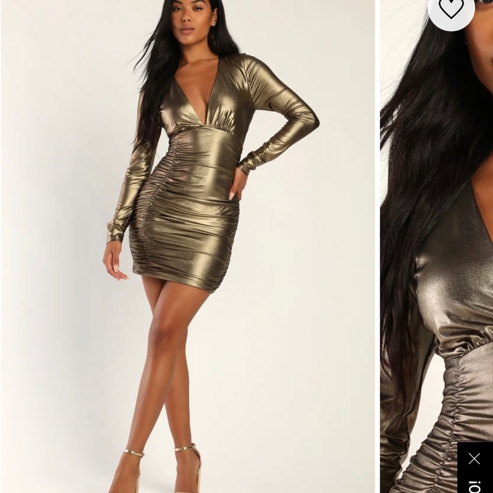 Fine figure gold metallic ruched long sleeve bodycon mini dress Lulus